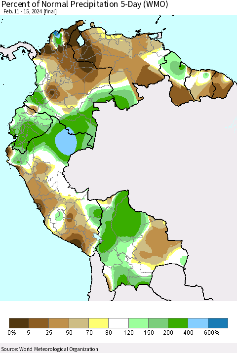 Northern South America Percent of Normal Precipitation 5-Day (WMO) Thematic Map For 2/11/2024 - 2/15/2024