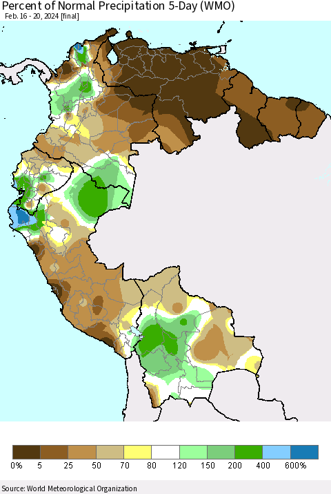 Northern South America Percent of Normal Precipitation 5-Day (WMO) Thematic Map For 2/16/2024 - 2/20/2024