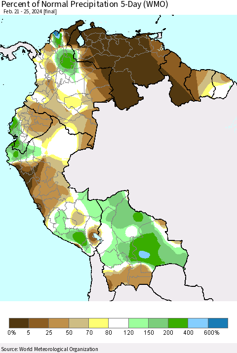 Northern South America Percent of Normal Precipitation 5-Day (WMO) Thematic Map For 2/21/2024 - 2/25/2024