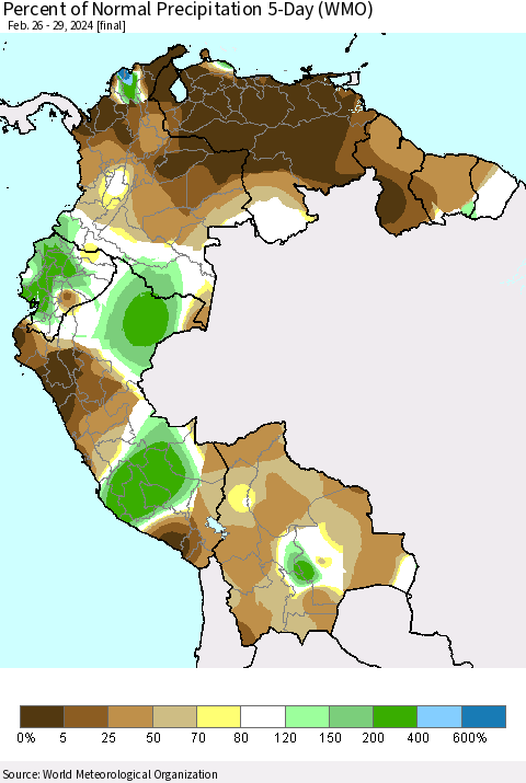 Northern South America Percent of Normal Precipitation 5-Day (WMO) Thematic Map For 2/26/2024 - 2/29/2024