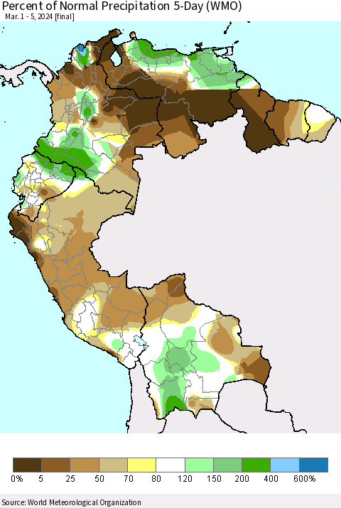 Northern South America Percent of Normal Precipitation 5-Day (WMO) Thematic Map For 3/1/2024 - 3/5/2024