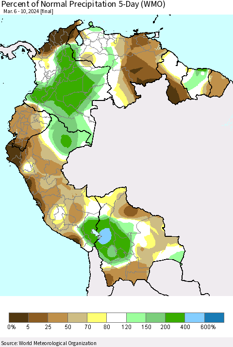 Northern South America Percent of Normal Precipitation 5-Day (WMO) Thematic Map For 3/6/2024 - 3/10/2024