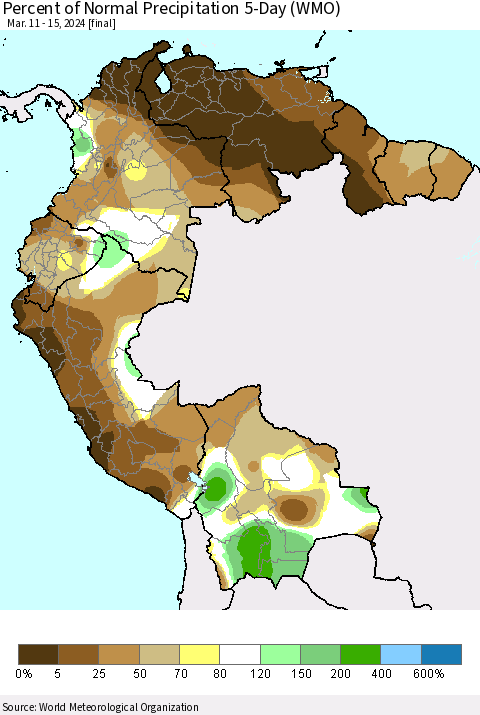 Northern South America Percent of Normal Precipitation 5-Day (WMO) Thematic Map For 3/11/2024 - 3/15/2024