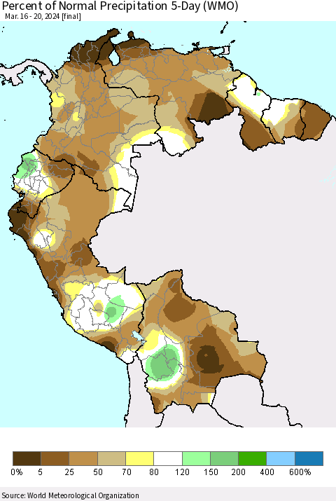 Northern South America Percent of Normal Precipitation 5-Day (WMO) Thematic Map For 3/16/2024 - 3/20/2024