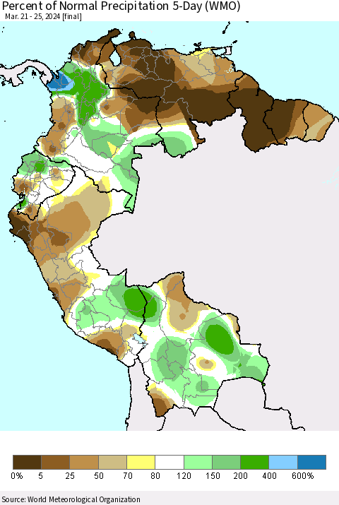Northern South America Percent of Normal Precipitation 5-Day (WMO) Thematic Map For 3/21/2024 - 3/25/2024