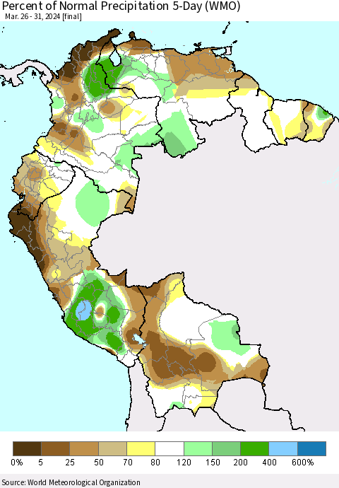 Northern South America Percent of Normal Precipitation 5-Day (WMO) Thematic Map For 3/26/2024 - 3/31/2024