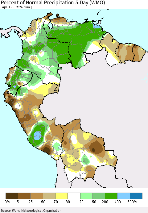 Northern South America Percent of Normal Precipitation 5-Day (WMO) Thematic Map For 4/1/2024 - 4/5/2024