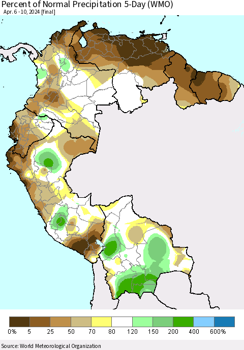 Northern South America Percent of Normal Precipitation 5-Day (WMO) Thematic Map For 4/6/2024 - 4/10/2024
