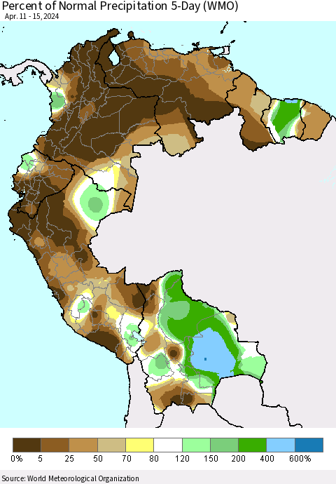Northern South America Percent of Normal Precipitation 5-Day (WMO) Thematic Map For 4/11/2024 - 4/15/2024