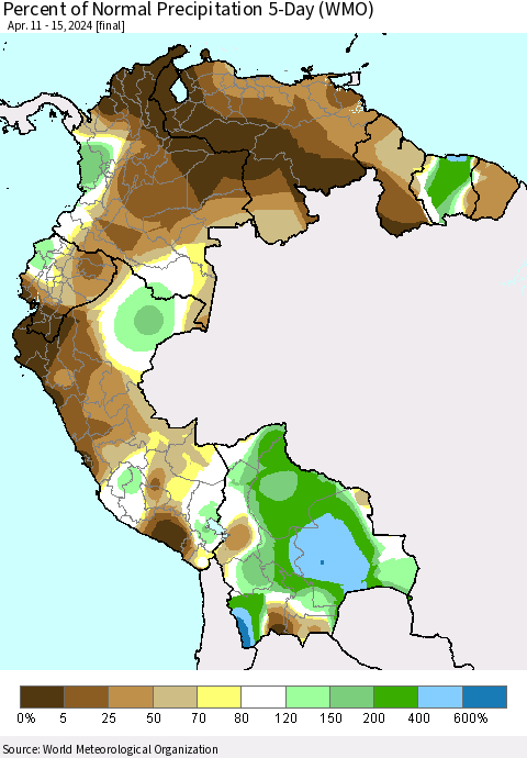 Northern South America Percent of Normal Precipitation 5-Day (WMO) Thematic Map For 4/11/2024 - 4/15/2024