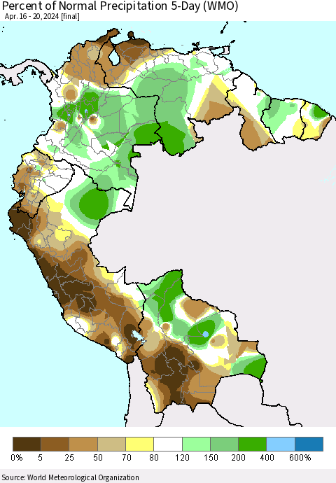 Northern South America Percent of Normal Precipitation 5-Day (WMO) Thematic Map For 4/16/2024 - 4/20/2024
