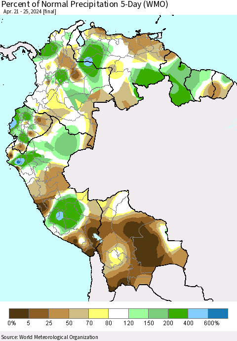 Northern South America Percent of Normal Precipitation 5-Day (WMO) Thematic Map For 4/21/2024 - 4/25/2024