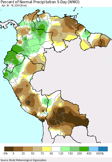 Northern South America Percent of Normal Precipitation 5-Day (WMO) Thematic Map For 4/26/2024 - 4/30/2024
