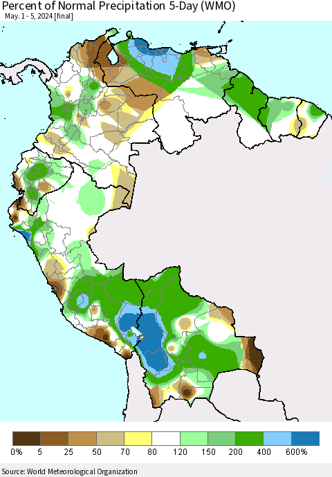 Northern South America Percent of Normal Precipitation 5-Day (WMO) Thematic Map For 5/1/2024 - 5/5/2024