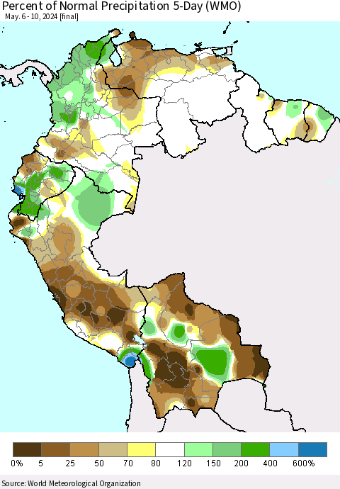 Northern South America Percent of Normal Precipitation 5-Day (WMO) Thematic Map For 5/6/2024 - 5/10/2024