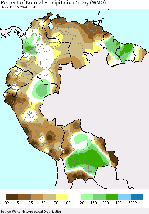 Northern South America Percent of Normal Precipitation 5-Day (WMO) Thematic Map For 5/11/2024 - 5/15/2024