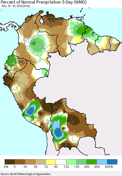 Northern South America Percent of Normal Precipitation 5-Day (WMO) Thematic Map For 5/16/2024 - 5/20/2024