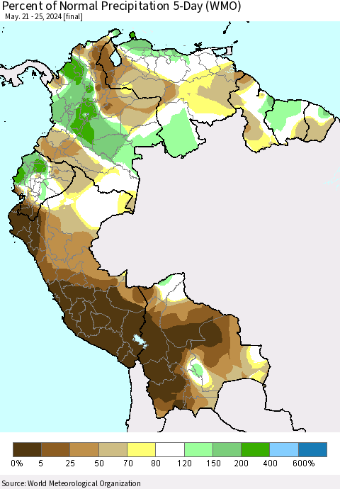 Northern South America Percent of Normal Precipitation 5-Day (WMO) Thematic Map For 5/21/2024 - 5/25/2024