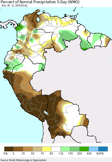 Northern South America Percent of Normal Precipitation 5-Day (WMO) Thematic Map For 5/26/2024 - 5/31/2024
