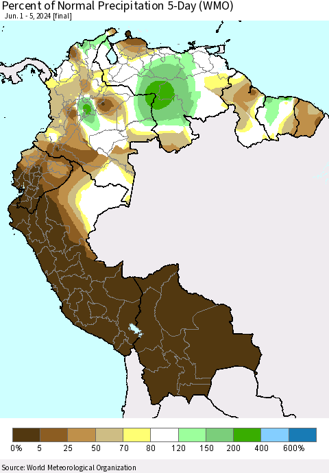 Northern South America Percent of Normal Precipitation 5-Day (WMO) Thematic Map For 6/1/2024 - 6/5/2024