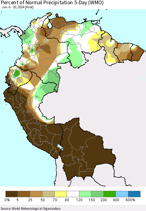 Northern South America Percent of Normal Precipitation 5-Day (WMO) Thematic Map For 6/6/2024 - 6/10/2024