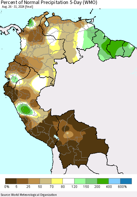 Northern South America Percent of Normal Precipitation 5-Day (WMO) Thematic Map For 8/26/2024 - 8/31/2024