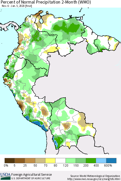 Northern South America Percent of Normal Precipitation 2-Month (WMO) Thematic Map For 11/6/2019 - 1/5/2020