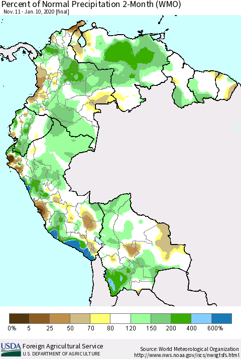 Northern South America Percent of Normal Precipitation 2-Month (WMO) Thematic Map For 11/11/2019 - 1/10/2020