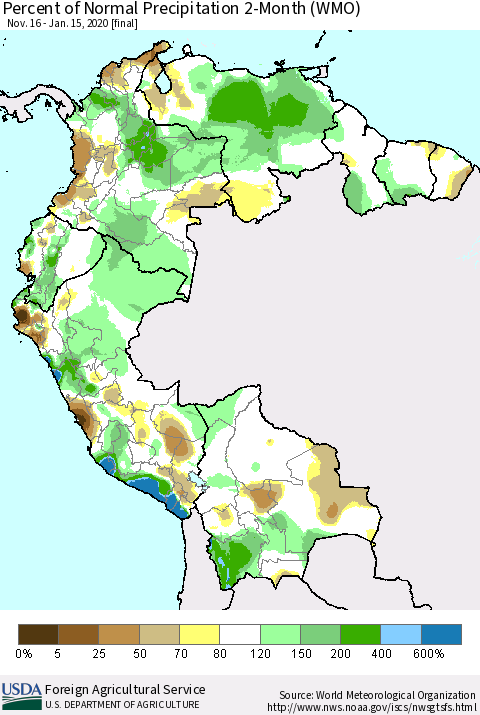 Northern South America Percent of Normal Precipitation 2-Month (WMO) Thematic Map For 11/16/2019 - 1/15/2020