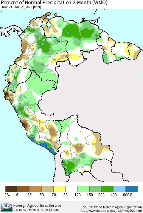 Northern South America Percent of Normal Precipitation 2-Month (WMO) Thematic Map For 11/21/2019 - 1/20/2020
