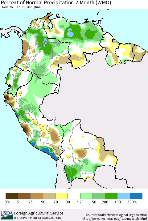 Northern South America Percent of Normal Precipitation 2-Month (WMO) Thematic Map For 11/26/2019 - 1/25/2020