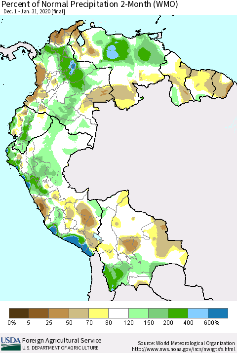 Northern South America Percent of Normal Precipitation 2-Month (WMO) Thematic Map For 12/1/2019 - 1/31/2020