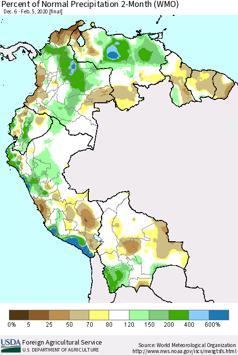 Northern South America Percent of Normal Precipitation 2-Month (WMO) Thematic Map For 12/6/2019 - 2/5/2020