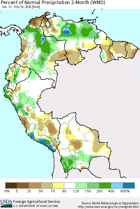 Northern South America Percent of Normal Precipitation 2-Month (WMO) Thematic Map For 12/11/2019 - 2/10/2020