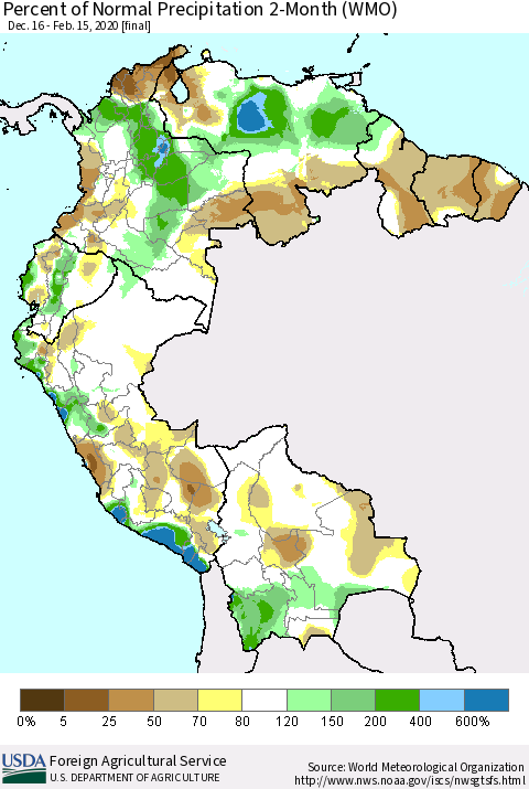 Northern South America Percent of Normal Precipitation 2-Month (WMO) Thematic Map For 12/16/2019 - 2/15/2020