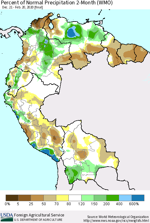 Northern South America Percent of Normal Precipitation 2-Month (WMO) Thematic Map For 12/21/2019 - 2/20/2020