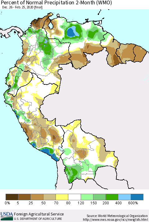 Northern South America Percent of Normal Precipitation 2-Month (WMO) Thematic Map For 12/26/2019 - 2/25/2020