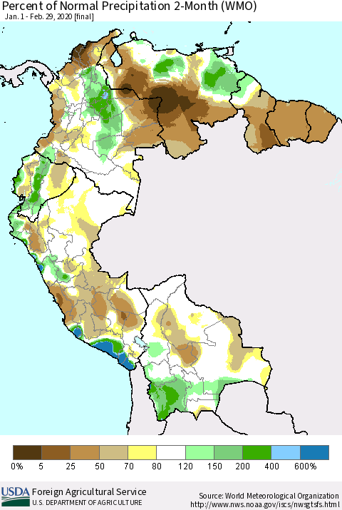 Northern South America Percent of Normal Precipitation 2-Month (WMO) Thematic Map For 1/1/2020 - 2/29/2020
