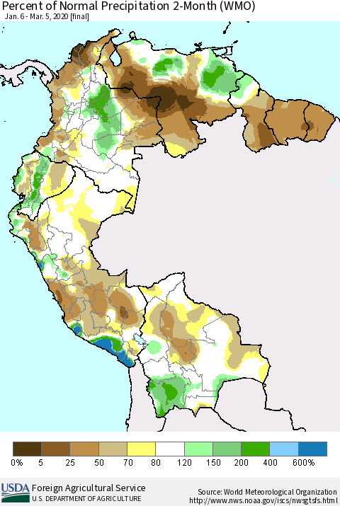 Northern South America Percent of Normal Precipitation 2-Month (WMO) Thematic Map For 1/6/2020 - 3/5/2020