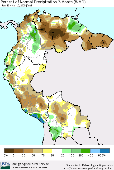 Northern South America Percent of Normal Precipitation 2-Month (WMO) Thematic Map For 1/11/2020 - 3/10/2020
