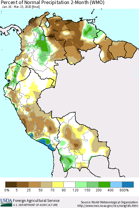 Northern South America Percent of Normal Precipitation 2-Month (WMO) Thematic Map For 1/16/2020 - 3/15/2020