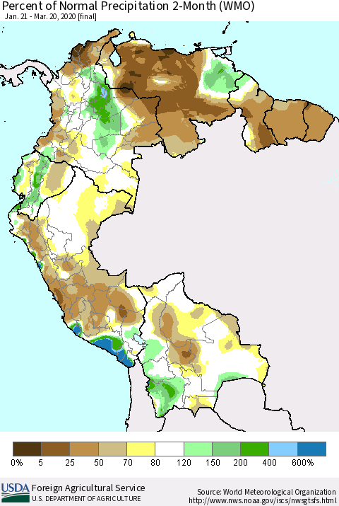 Northern South America Percent of Normal Precipitation 2-Month (WMO) Thematic Map For 1/21/2020 - 3/20/2020