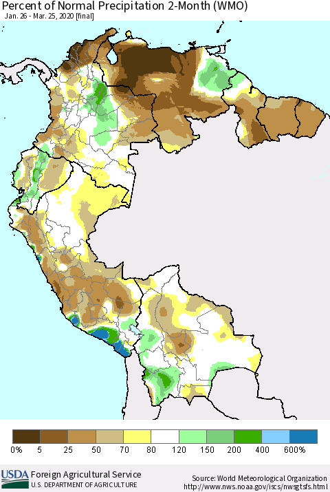 Northern South America Percent of Normal Precipitation 2-Month (WMO) Thematic Map For 1/26/2020 - 3/25/2020