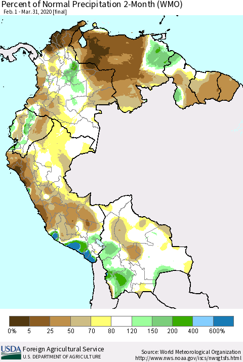 Northern South America Percent of Normal Precipitation 2-Month (WMO) Thematic Map For 2/1/2020 - 3/31/2020