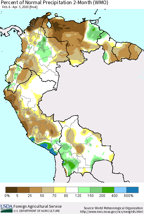 Northern South America Percent of Normal Precipitation 2-Month (WMO) Thematic Map For 2/6/2020 - 4/5/2020