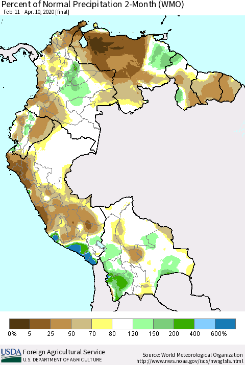 Northern South America Percent of Normal Precipitation 2-Month (WMO) Thematic Map For 2/11/2020 - 4/10/2020