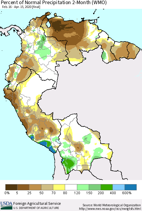 Northern South America Percent of Normal Precipitation 2-Month (WMO) Thematic Map For 2/16/2020 - 4/15/2020