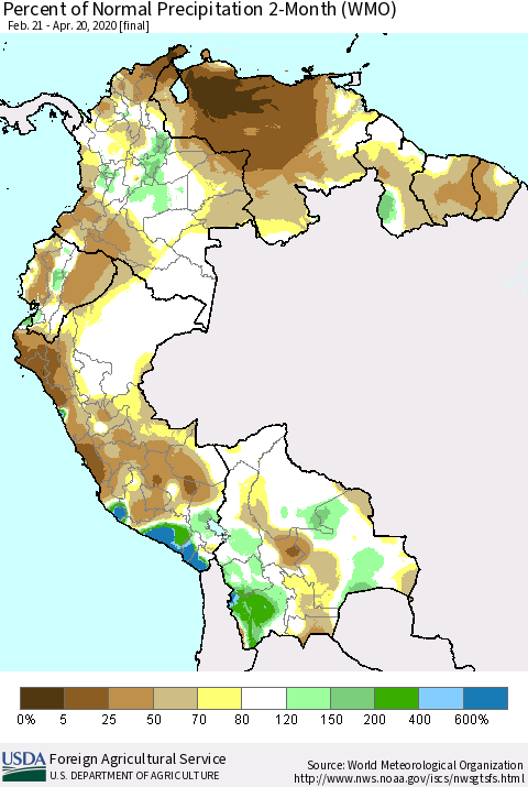 Northern South America Percent of Normal Precipitation 2-Month (WMO) Thematic Map For 2/21/2020 - 4/20/2020