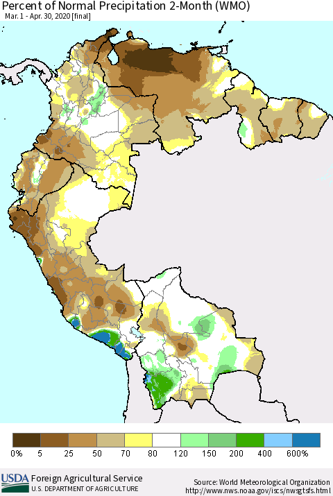 Northern South America Percent of Normal Precipitation 2-Month (WMO) Thematic Map For 3/1/2020 - 4/30/2020