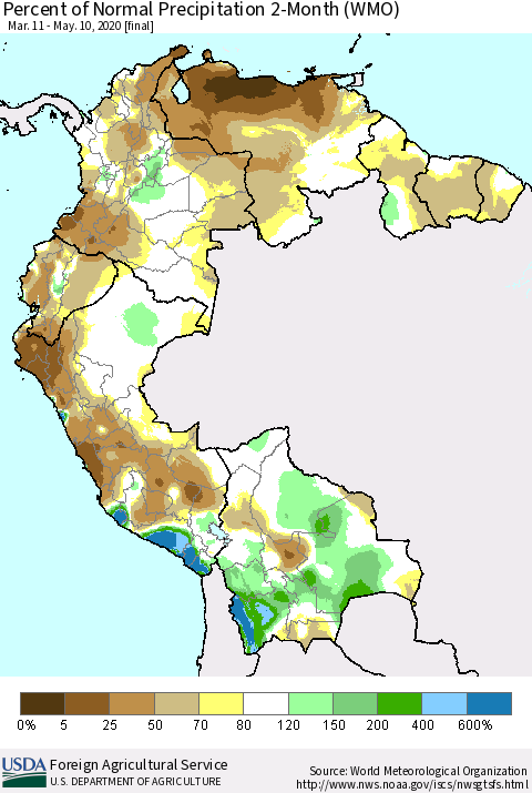 Northern South America Percent of Normal Precipitation 2-Month (WMO) Thematic Map For 3/11/2020 - 5/10/2020